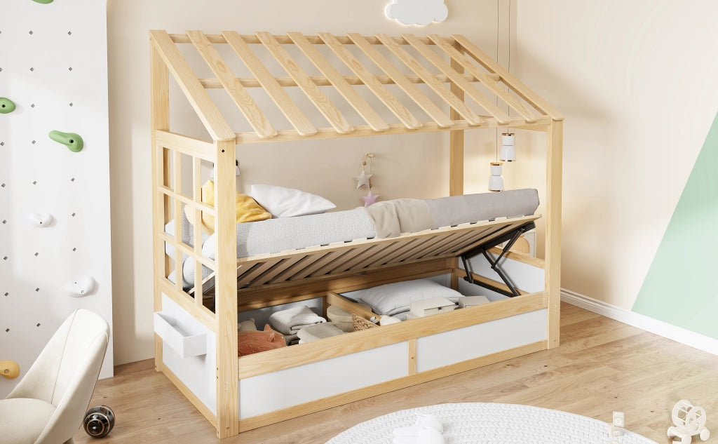 LETTO Bambini 90 x 200 cm in legno bianco e naturale con tetto, finestre e contenitore idraulico