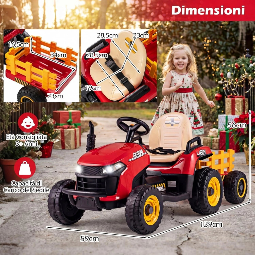 24V Trattore Elettrico per Bambini, Macchina Cavalcabile con Telecomando, Clacson Musica, Connessione Wireless e Fari a LED, per Bambini 3 Anni+ (Rosso)