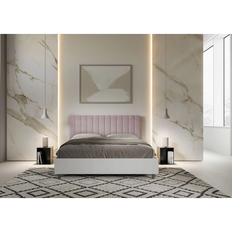 Letto Matrimoniale 160x190 cm struttura bianco frassino testata Kaia - Con rete,Glicine,Microfibra