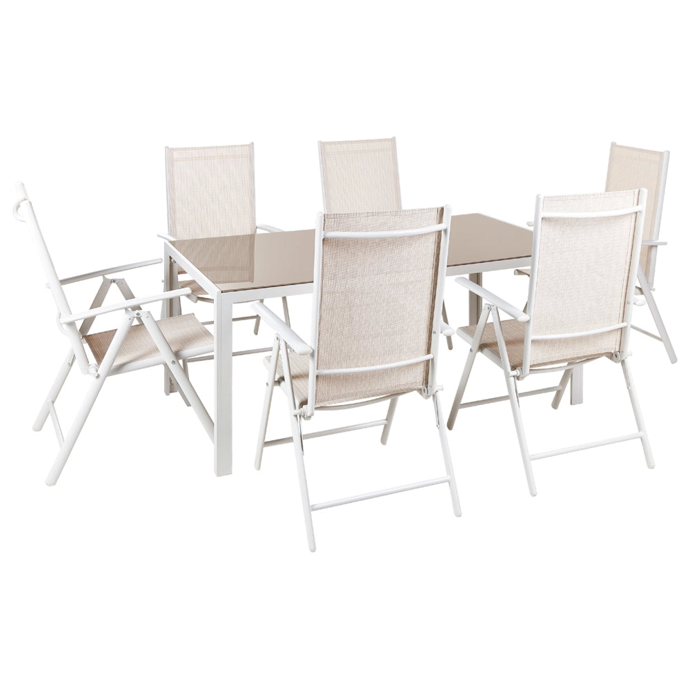 Set da pranzo da giardino in 7 pezzi Tavolo da pranzo in alluminio beige con 6 sedie pieghevoli