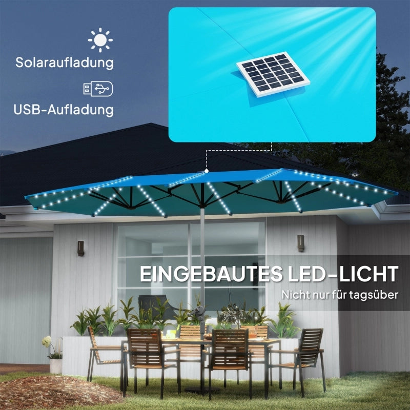 Doppio parasole ovale 451x267cm con luci solari LED telaio in alluminio protezione UV 50+ antivento a manovella colore blu per mercato giardino e spiaggia