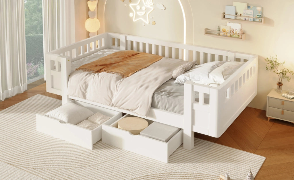 Letto pedana per bambini 90x200 cm con sponde alte e due grandi cassetti, bianco