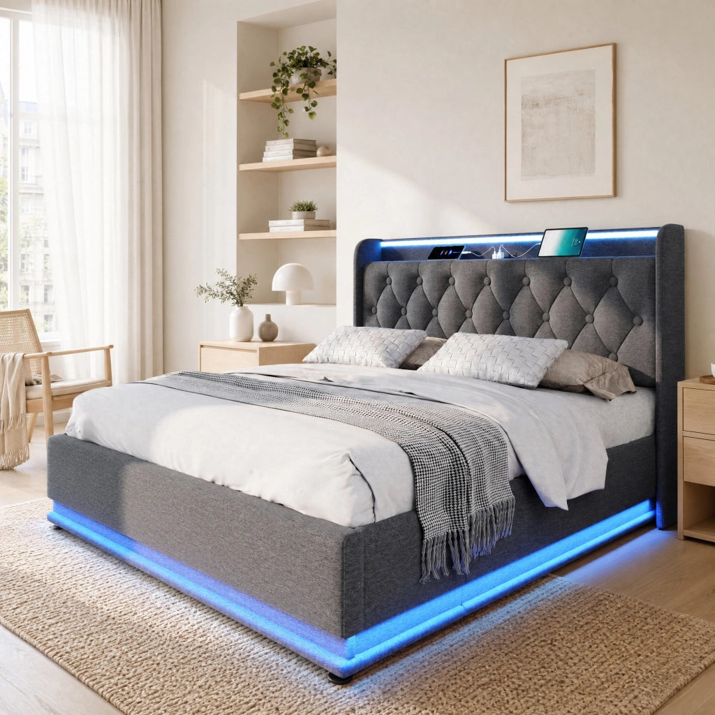 LETTO Contenitore LED 160x200 cm Grigio in lino con USB Type-C