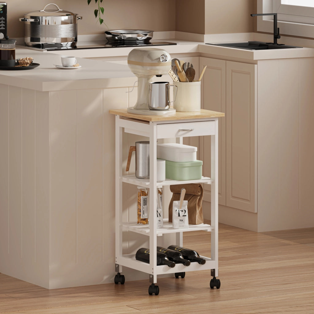 Carrello Portaoggetti Biel con Cassetto 3 Ripiani e Griglia Portabottiglie 76x37x37 cm - Bianco / Effetto Legno [en.casa]