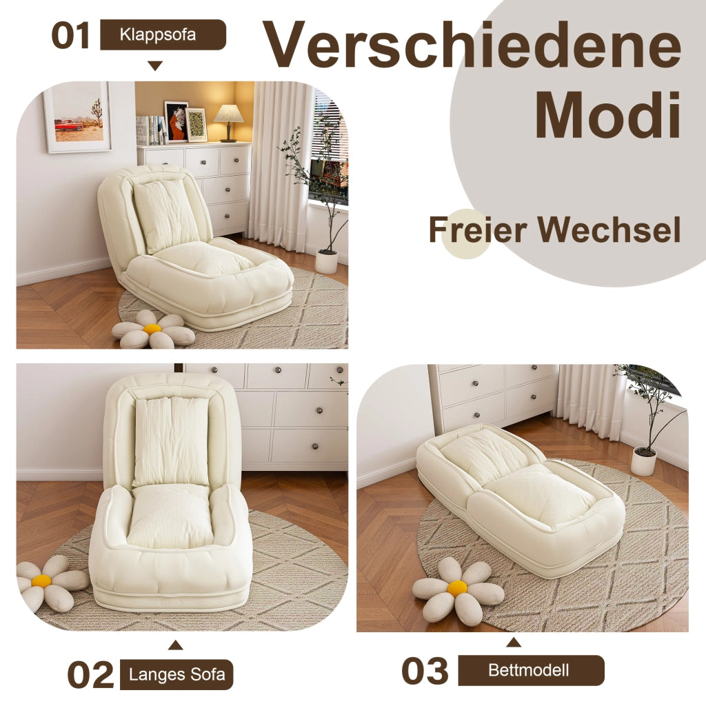 Divano letto pieghevole ergonomico con schienale regolabile a 5 posizioni e 2 cuscini in tessuto bianco sporco