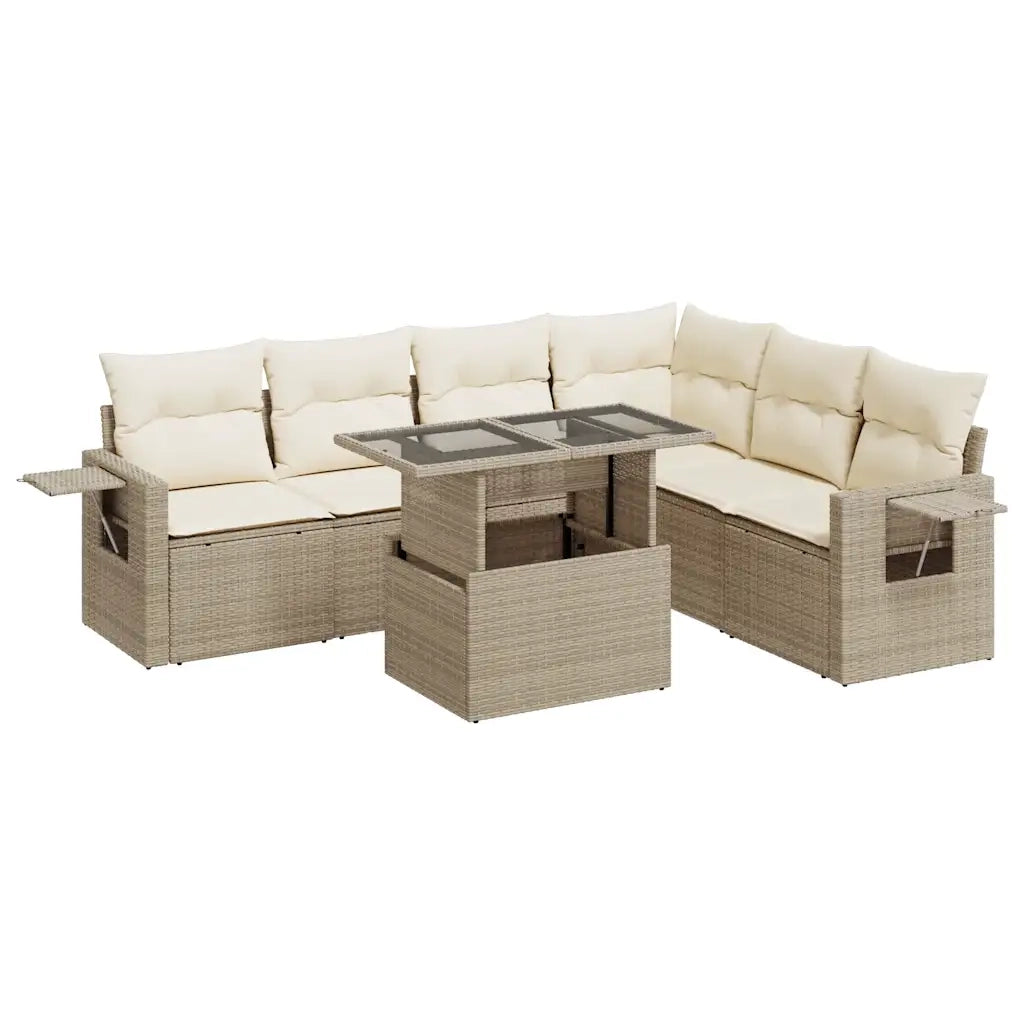 Set Divani da Giardino 7 pz con Cuscini Beige in Polyrattan