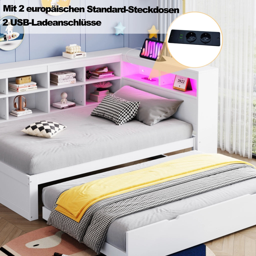 Divano letto singolo in legno con letto estraibile, USB, LED e ripiani laterali, bianco, 90 × 200 cm