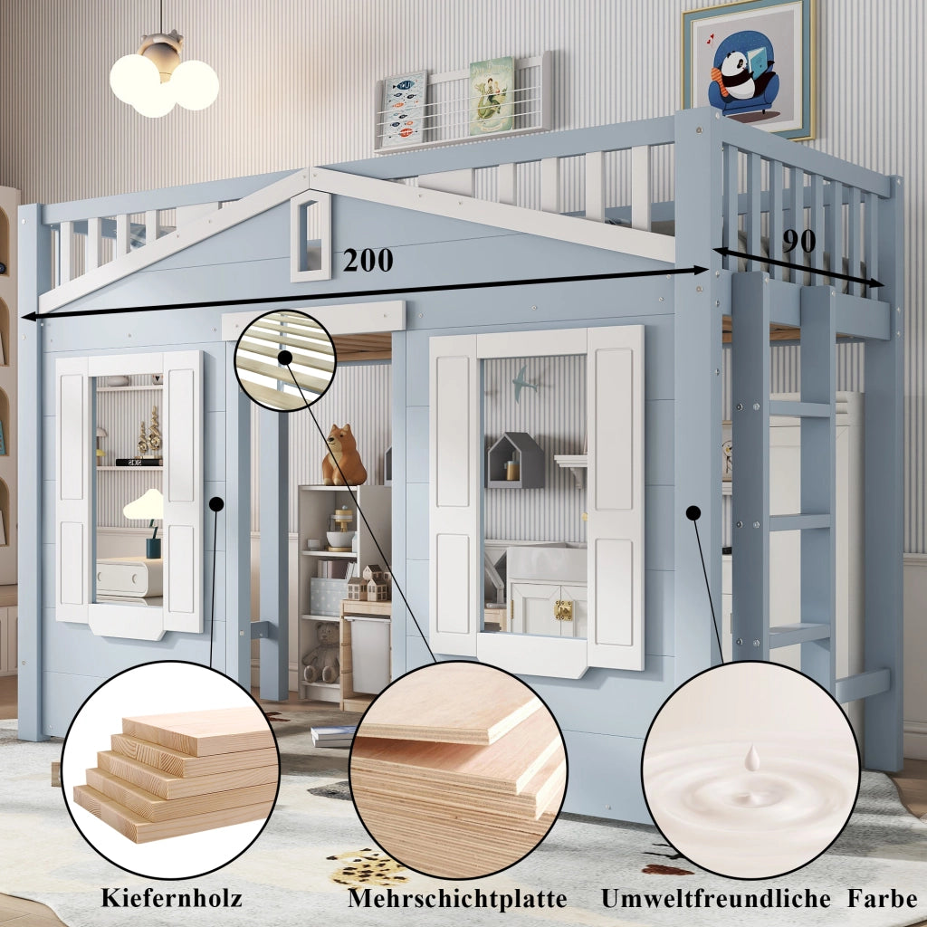 Letto a castello bambini blu in pino e MDF con funzione contenitore 90x200 cm