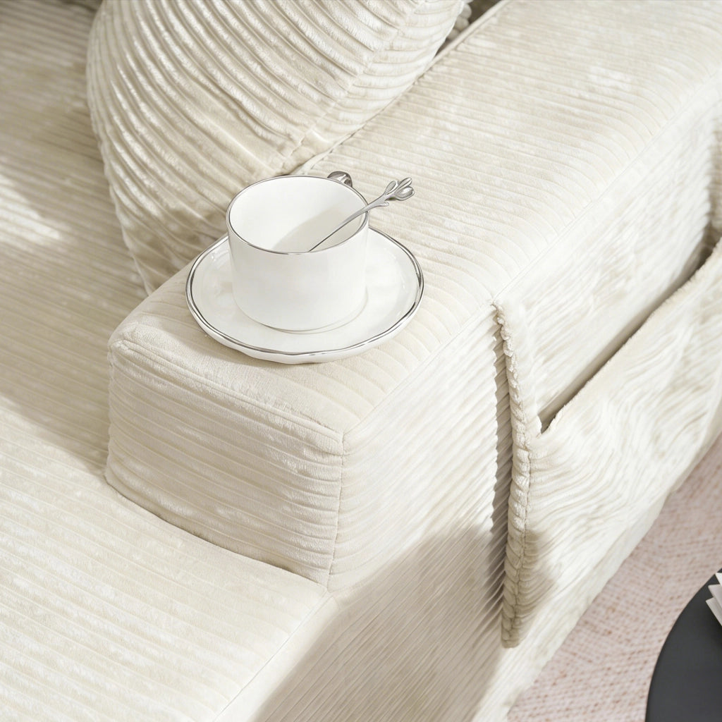Divano letto compatto - con tasche laterali e cuscini - per salotto - in corduroy beige
