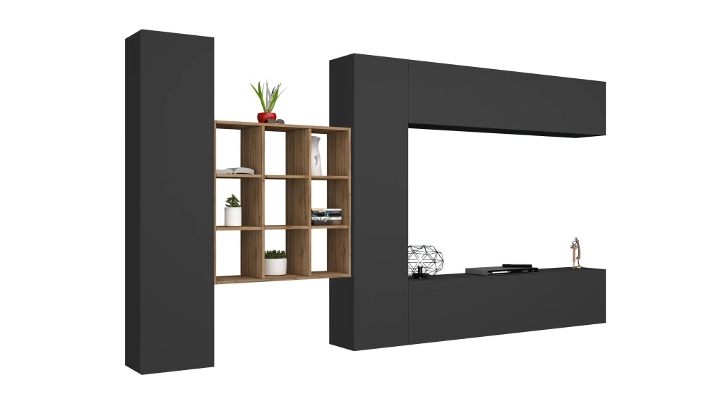 Parete TV attrezzata antracite sospesa design moderno pensile 2 armadi libreria Ferd RT
