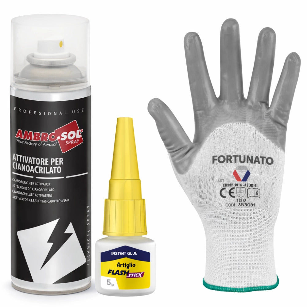 Kit incollaggio istantaneo colla 5 g con attivatore spray 200 ml e guanti