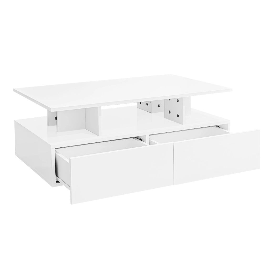 Tavolino basso con 2 cassetti e LED; finitura lucida; per soggiorno; 90 × 55 × 41 cm; bianco