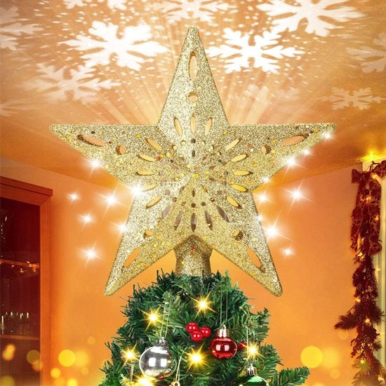 Lampada proiettore LED per la cima di un albero di Natale, con stella a cinque punte, lampada decorativa per albero di Natale (oro)