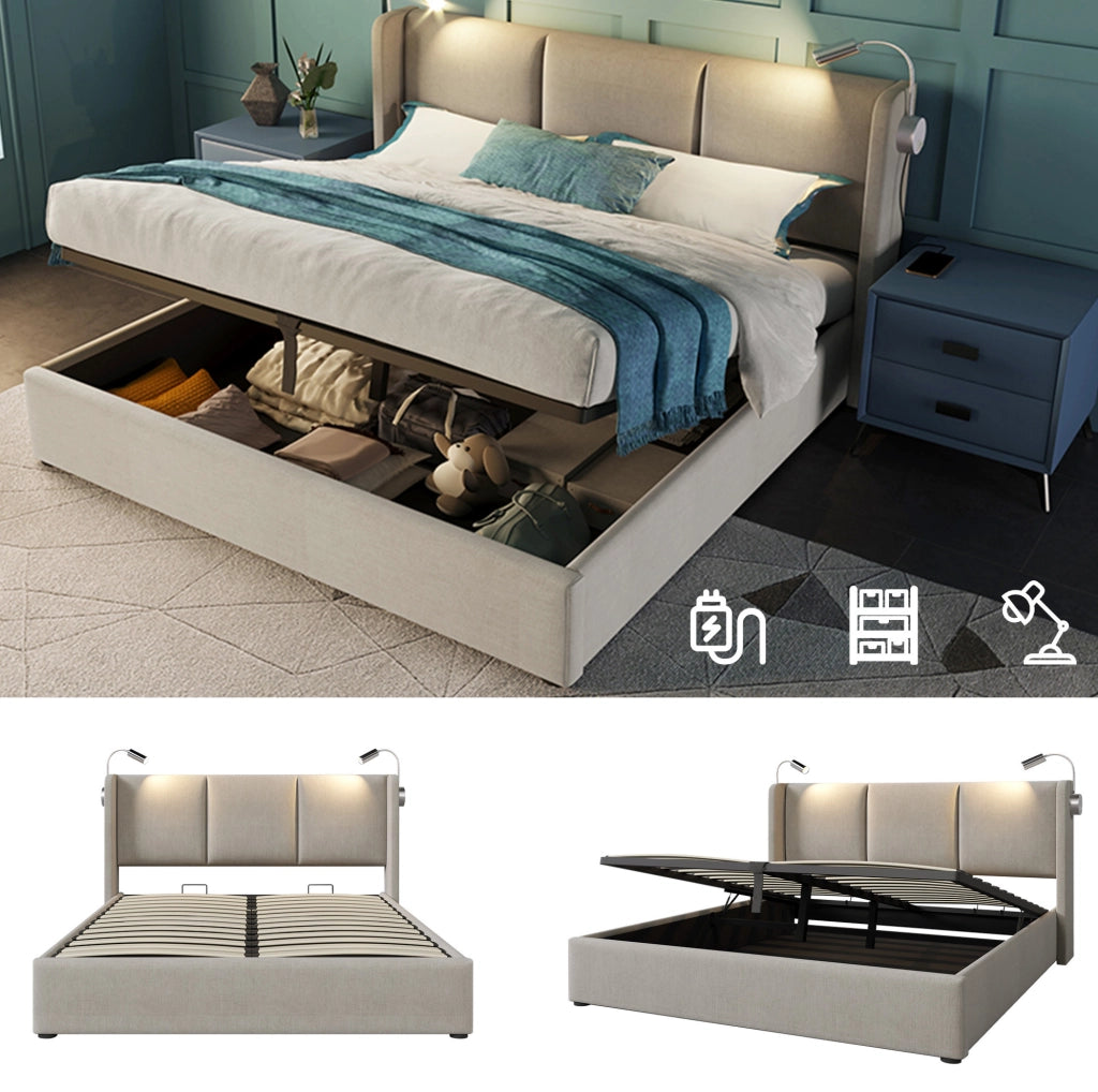 Letto contenitore 140x200 in tessuto beige con luce da lettura USB