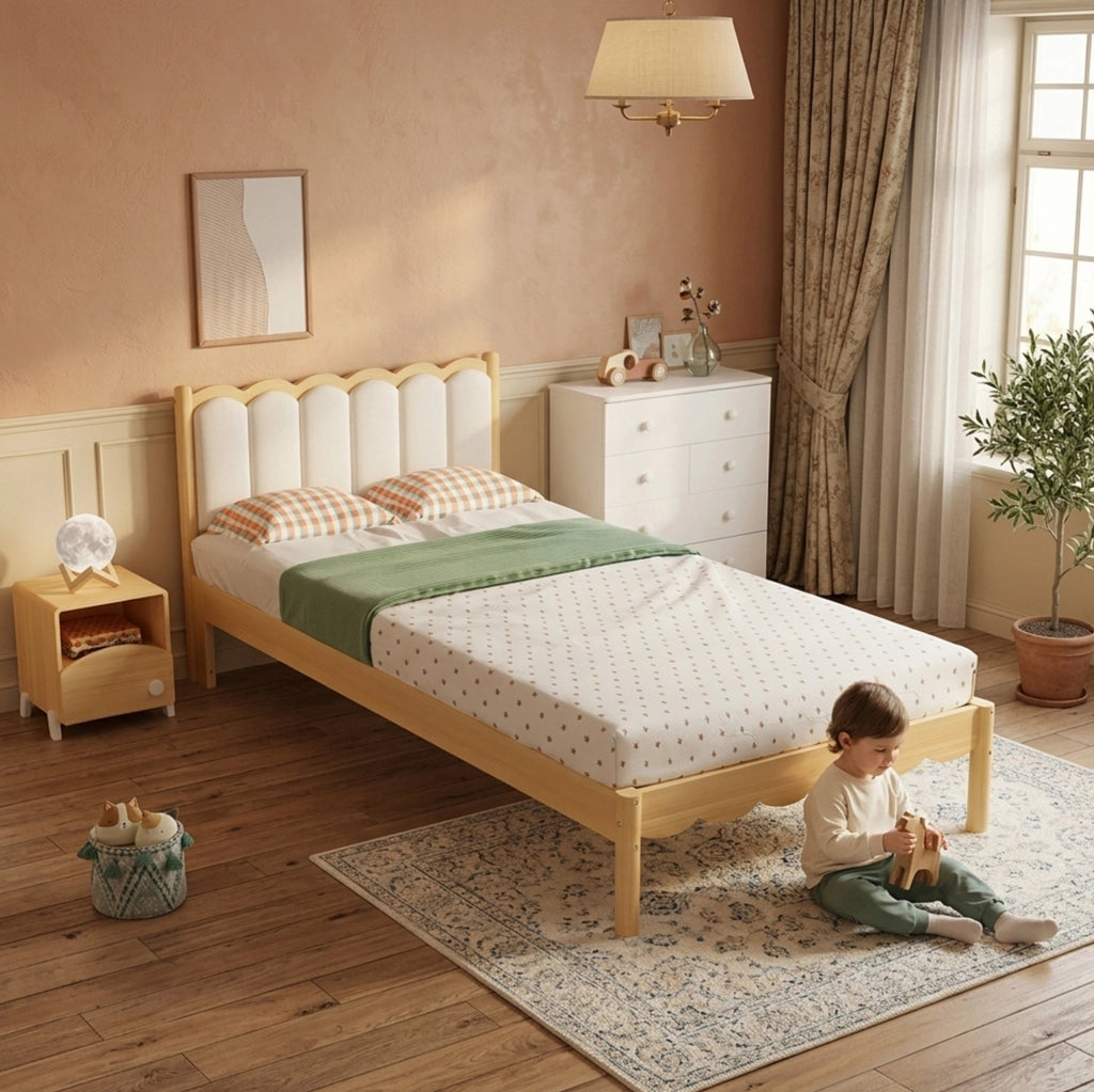 Letto imbottito per bambini con testiera a onda, 90x200 cm, beige e naturale
