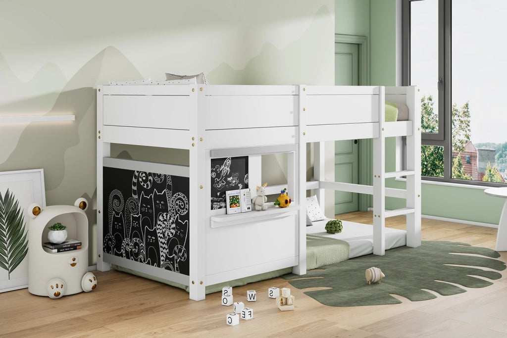 Letto a casetta per bambini 90 × 200 cm con lavagna e scaffale, senza materasso, in legno, bianco