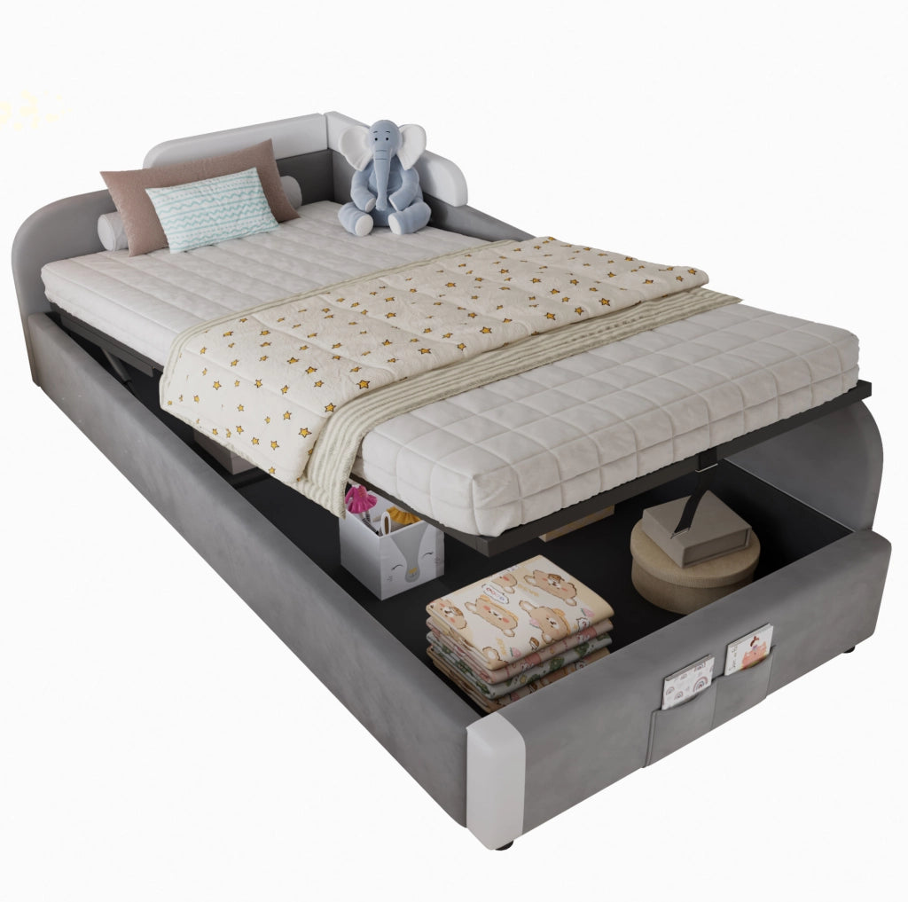 Letto imbottito per bambini con contenitore idraulico; sponda morbida; 90x200 cm; velluto bianco e grigio