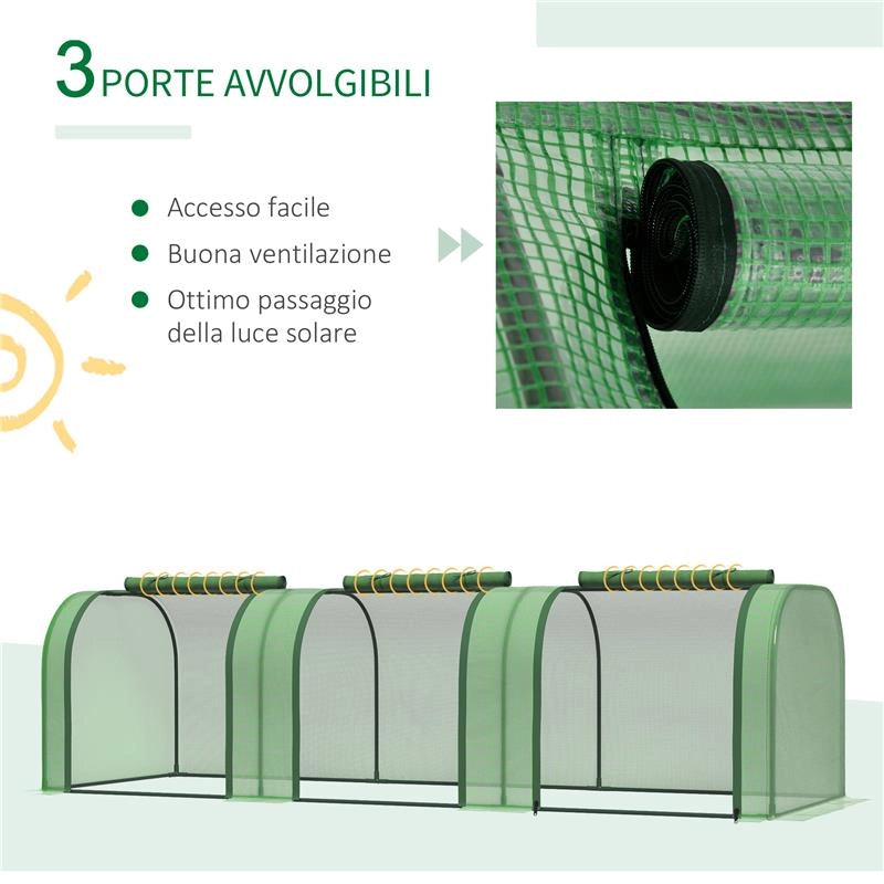 SERRA DA GIARDINO A TUNNEL IN ACCIAIO E PLASTICA PP CON PORTE AVVOLGIBILI, 295X100X80 CM, VERDE