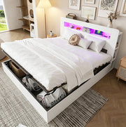 Letto matrimoniale contenitore 180x200 cm in legno bianco con LED; prese e testiera con ripiani