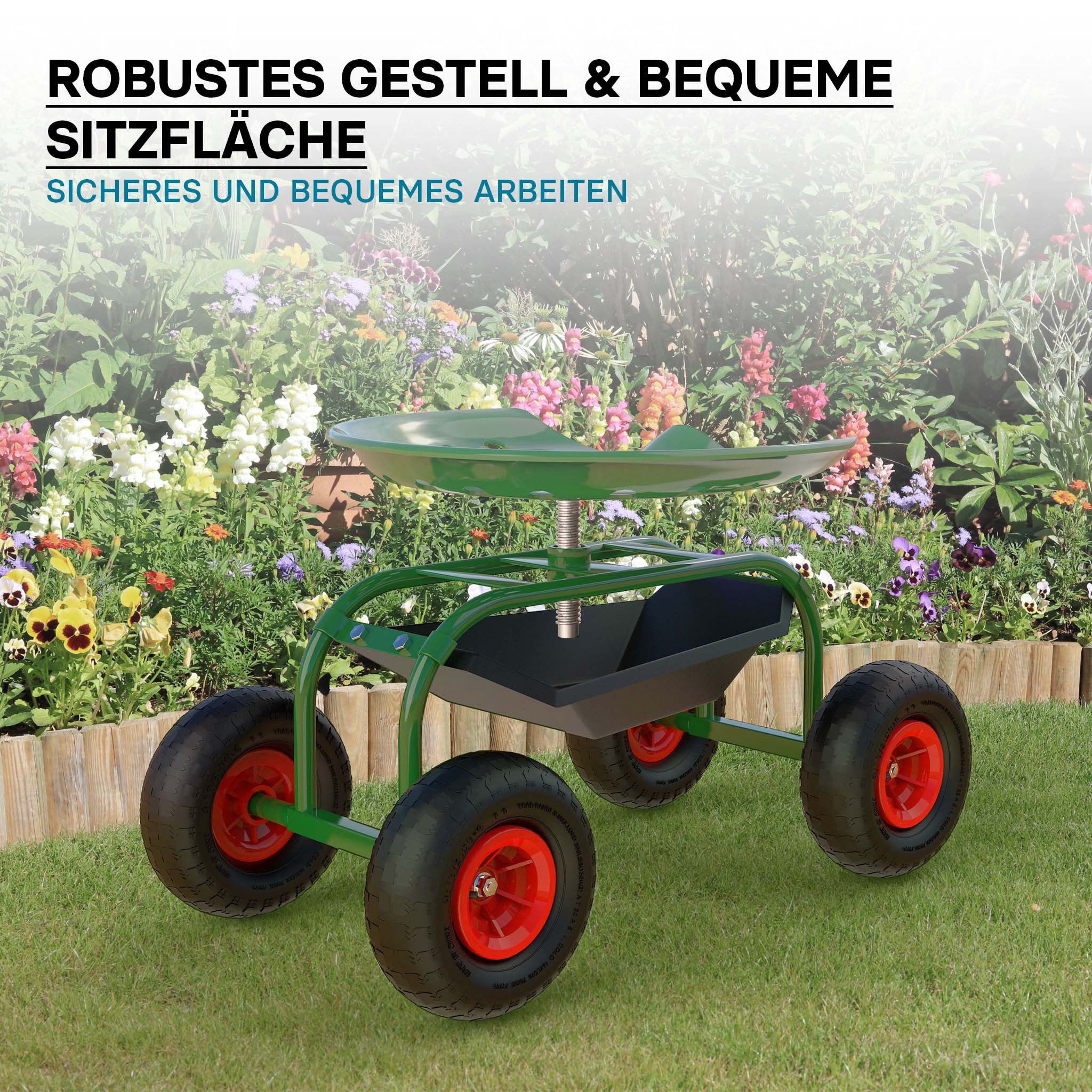 Sgabello da giardinaggio e officina con ruote e porta oggetti , sgabello a carrello, portata 150 kg