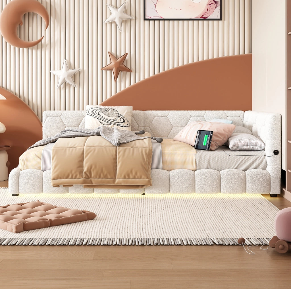 LETTO DAYBED 90x200 cm Bianco in Vliesimitat e MDF con LED, USB e Tipo-C