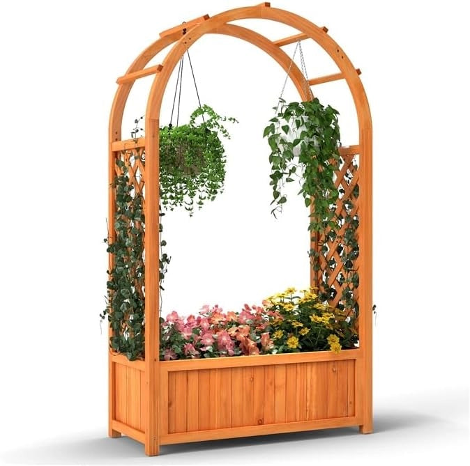 Letto da Giardino Rialzato in Legno, Orto Rialzato Verticale con Griglia, Tetto Curvo, Fodera e Drenaggio, Fioriera Grande per Cortile, Giardino e Patio, 83 x 36 x 146 cm