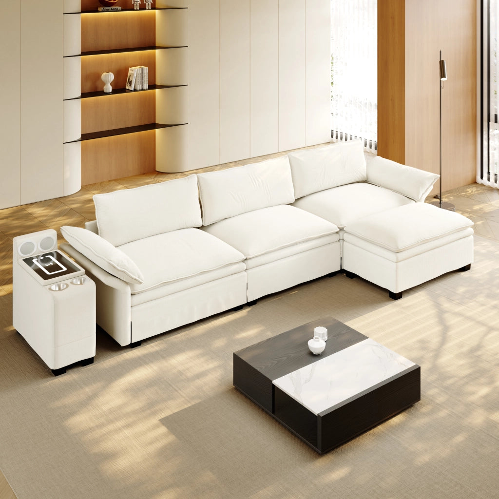 Divano Angolare Modulare con Contenitore, Luce e Speaker ¨C MINIMAL ¨C Chenille Beige/Bianco 315cm