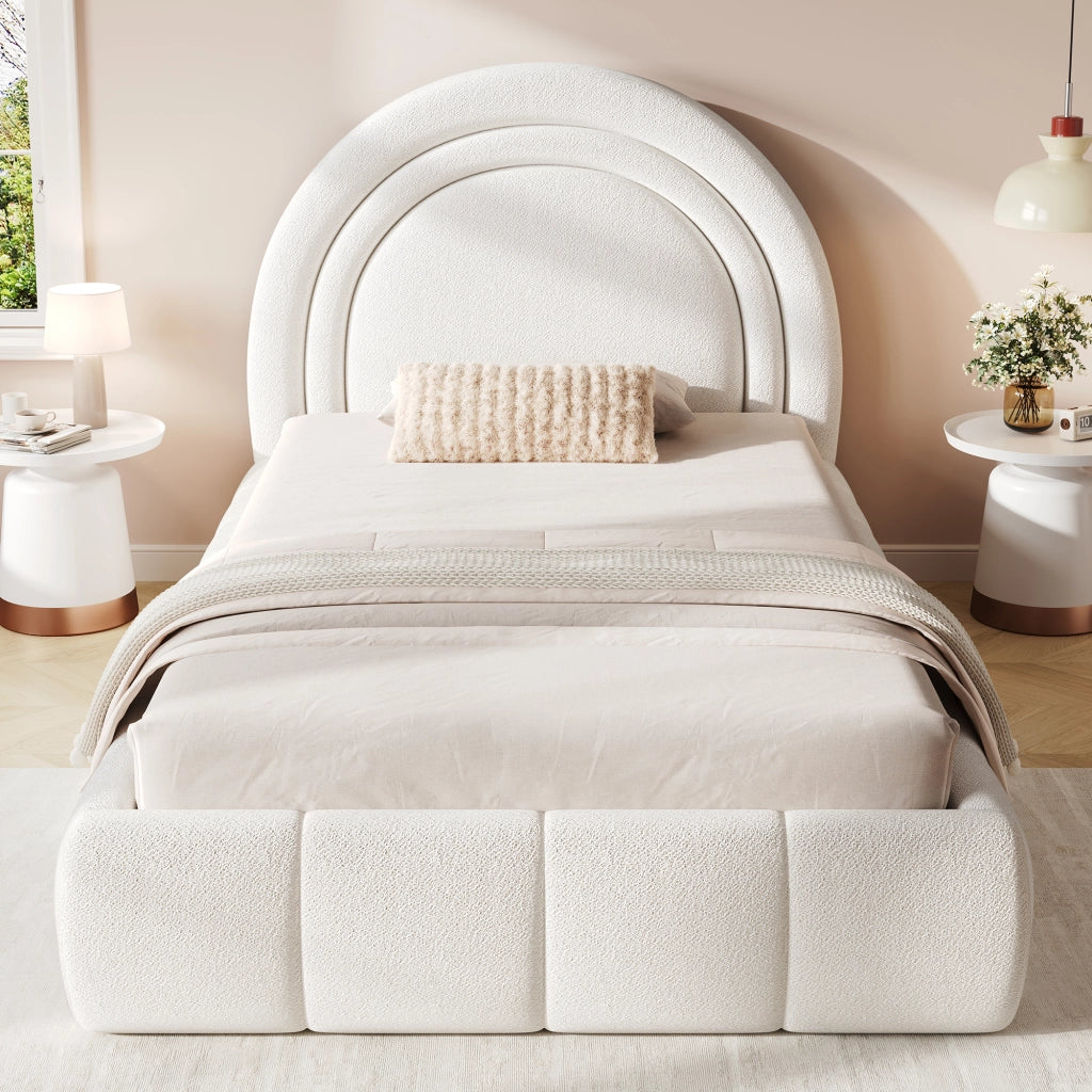 Letto per bambini 90 × 200 cm con contenitore idraulico e testiera imbottita, senza materasso, in bouclé beige