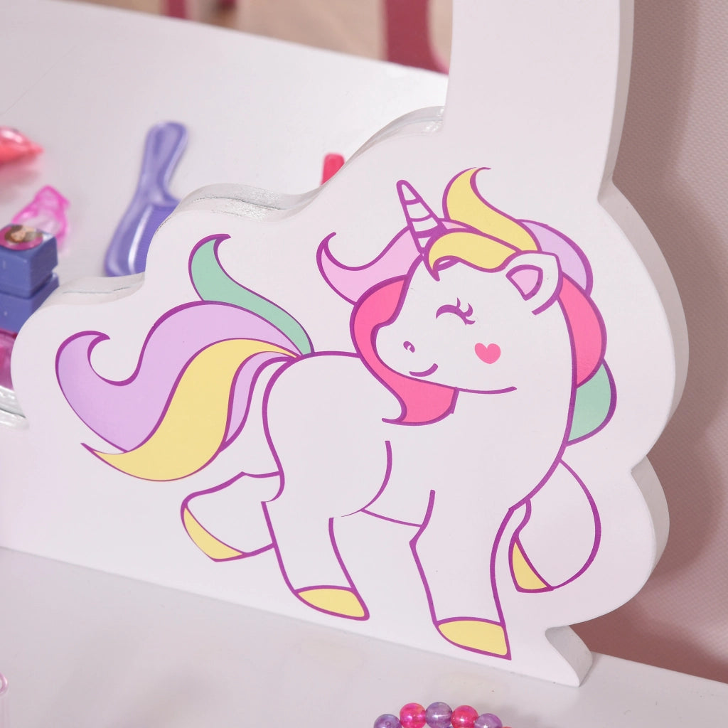 Toeletta bambini forma unicorno con sgabello ¨C Xylo ¨C rosa bianco MDF 49x34x90cm