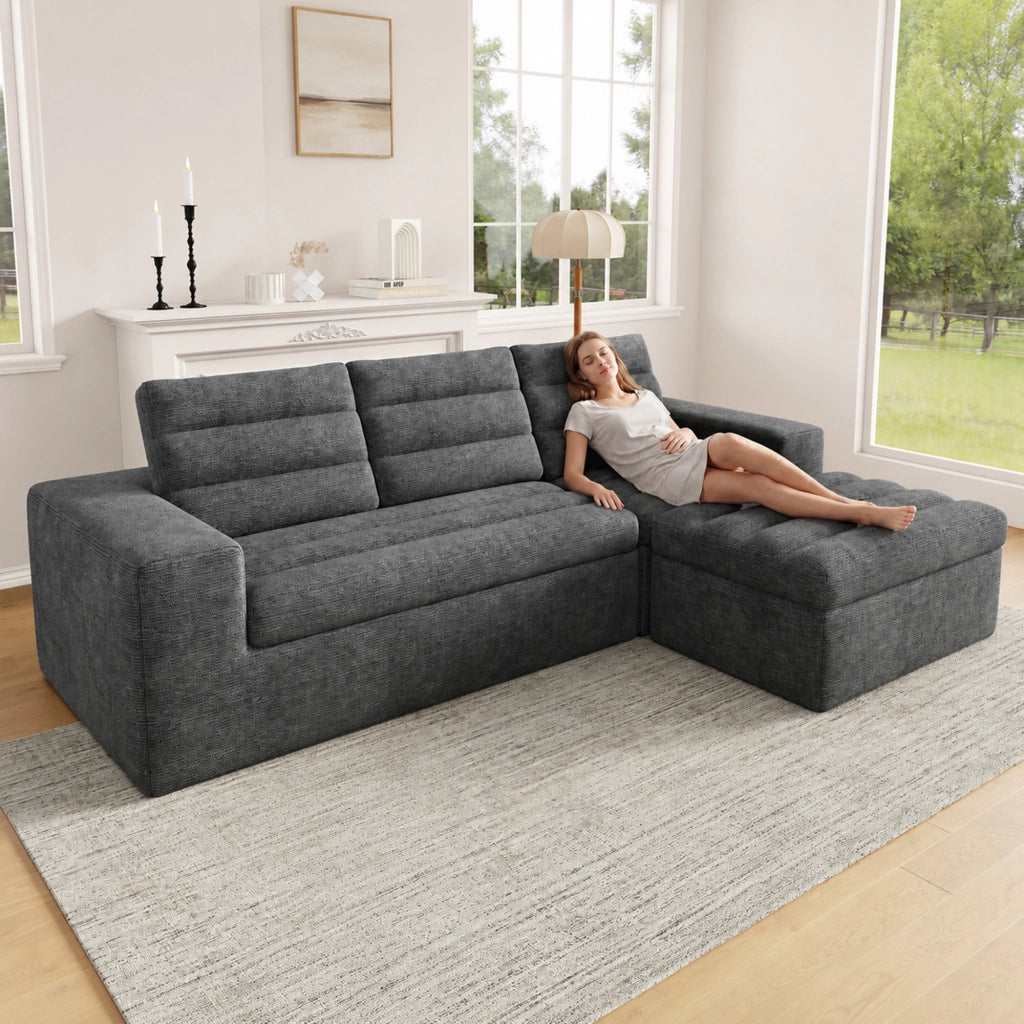 Divano angolare modulare in chenille con design senza telaio e cuscini morbidi, grigio chiaro, 253 × 161 × 89 cm