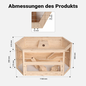 Gabbia per roditori a 3 livelli con tetto apribile 115x60x58cm legno e plexiglas