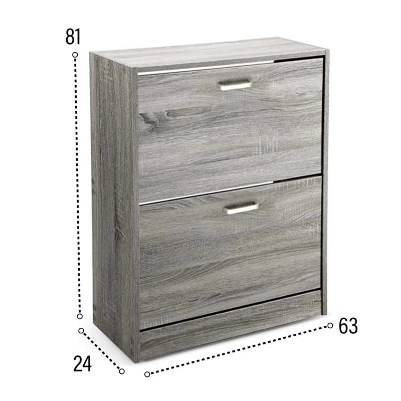 SCARPIERA 2 ANTE IN LEGNO TRUCIOLARE MELAMINICO, OGNI ANTA 2 DIVISORI IN LEGNO ROVERE GRIGIO 63 X 24 X 81 CM