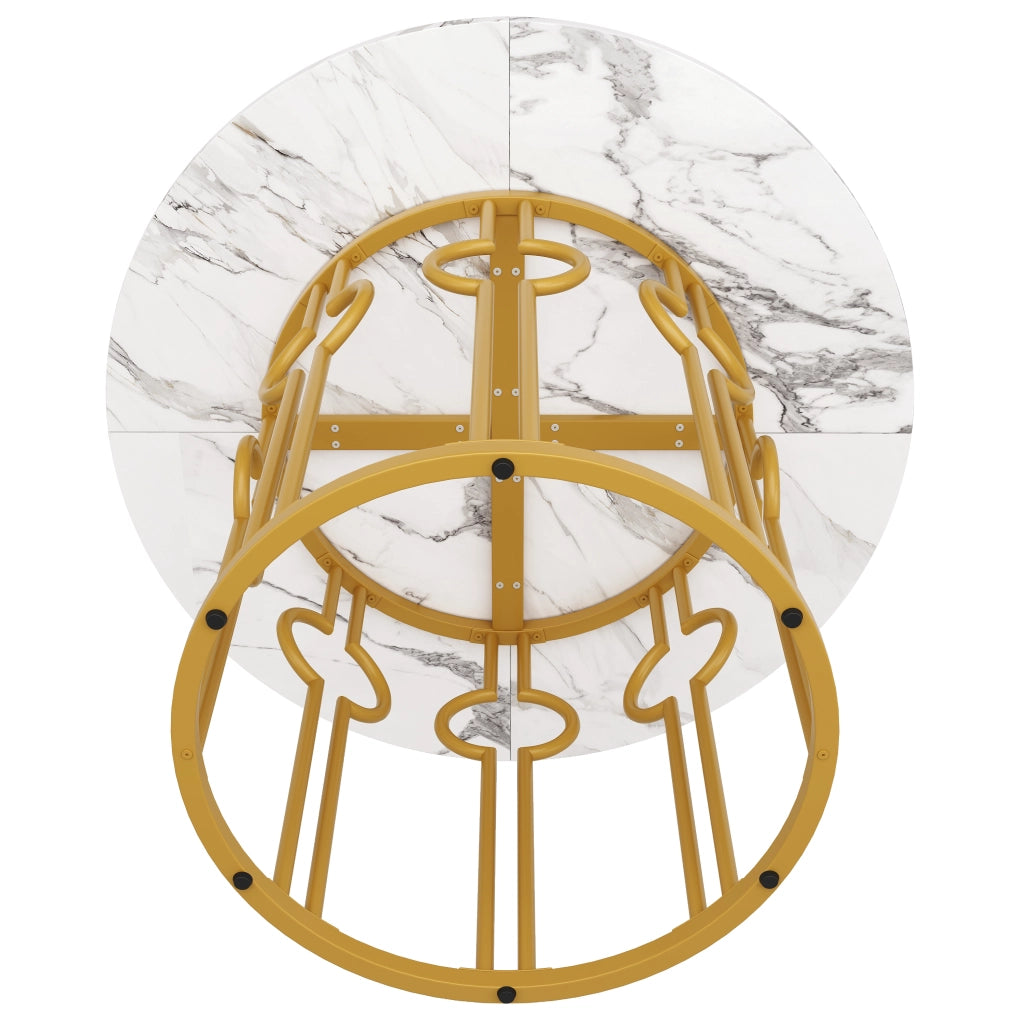 Tavolo da pranzo rotondo con piano in MDF e gambe in ferro, piedini regolabili, per cucina e soggiorno, bianco dorato, 100 × 100 × 76 cm