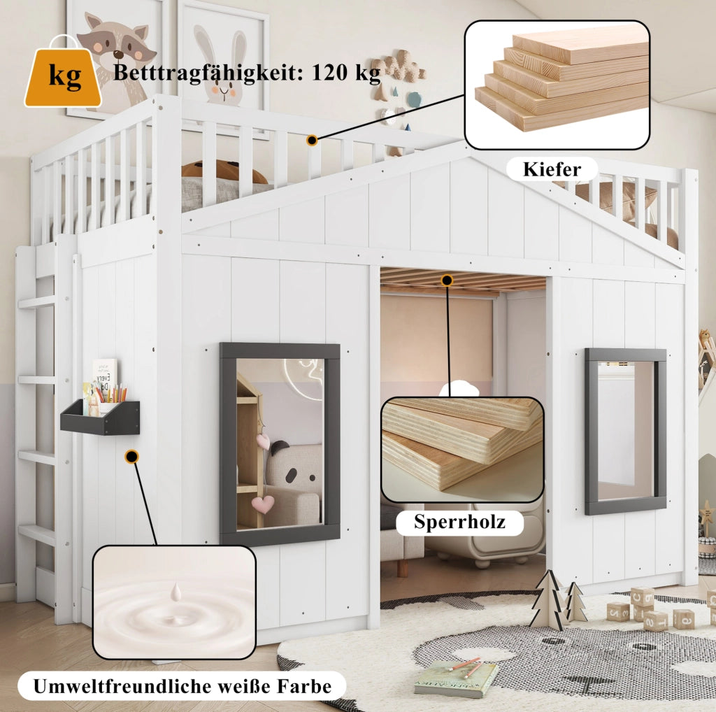 Letto a castello per bambini 90x200 cm con scala e finestre