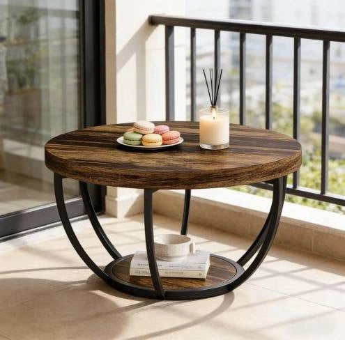 Tavolino rotondo da caffè a 2 livelli in legno e metallo; colore Rustic