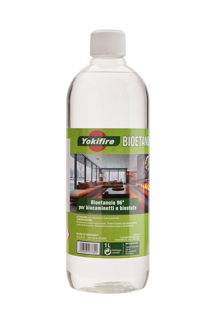 YOKIFIRE Bioetanolo Inodore – 1 Litro per 6 bottiglie | Etanolo Biologico ad Alto Potere Calorifico per Camini e Stufe a Fiamma Libera | Puro, Tripla Raffinazione, Packaging Sostenibile