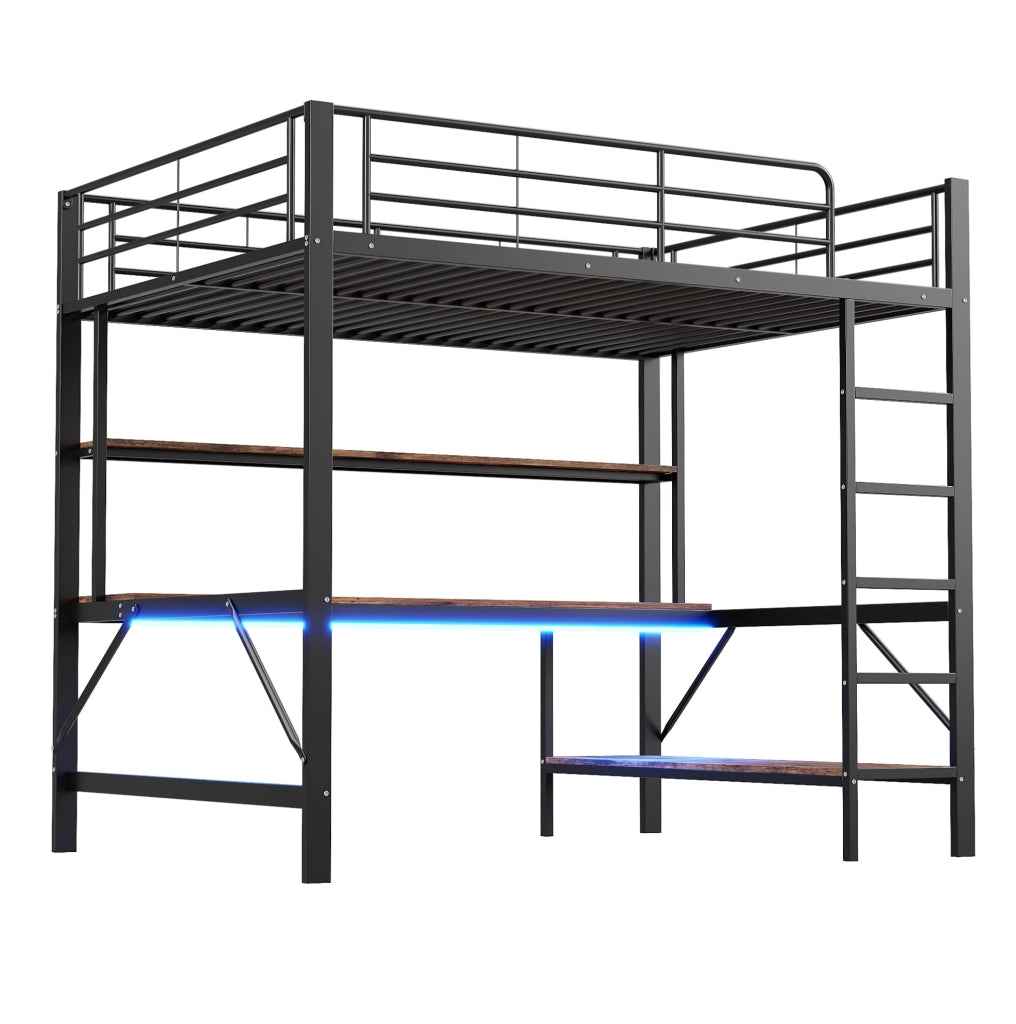 Letto a soppalco 140x200 cm; con scrivania e mensola; metallo; nero (Senza materasso)