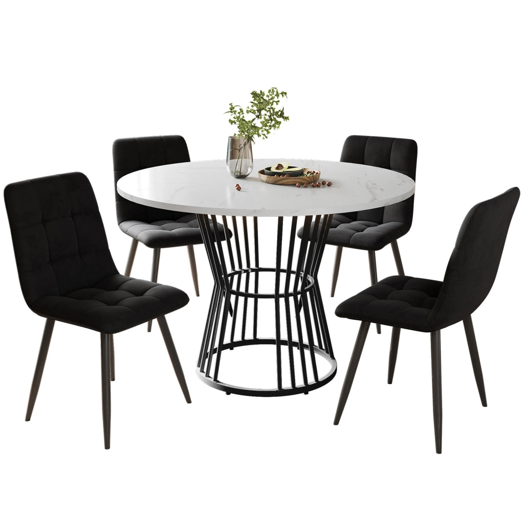 Tavolo da pranzo per 4 persone con 4 sedie in velluto, piano rotondo in MDF effetto marmo, per cucina e sala da pranzo