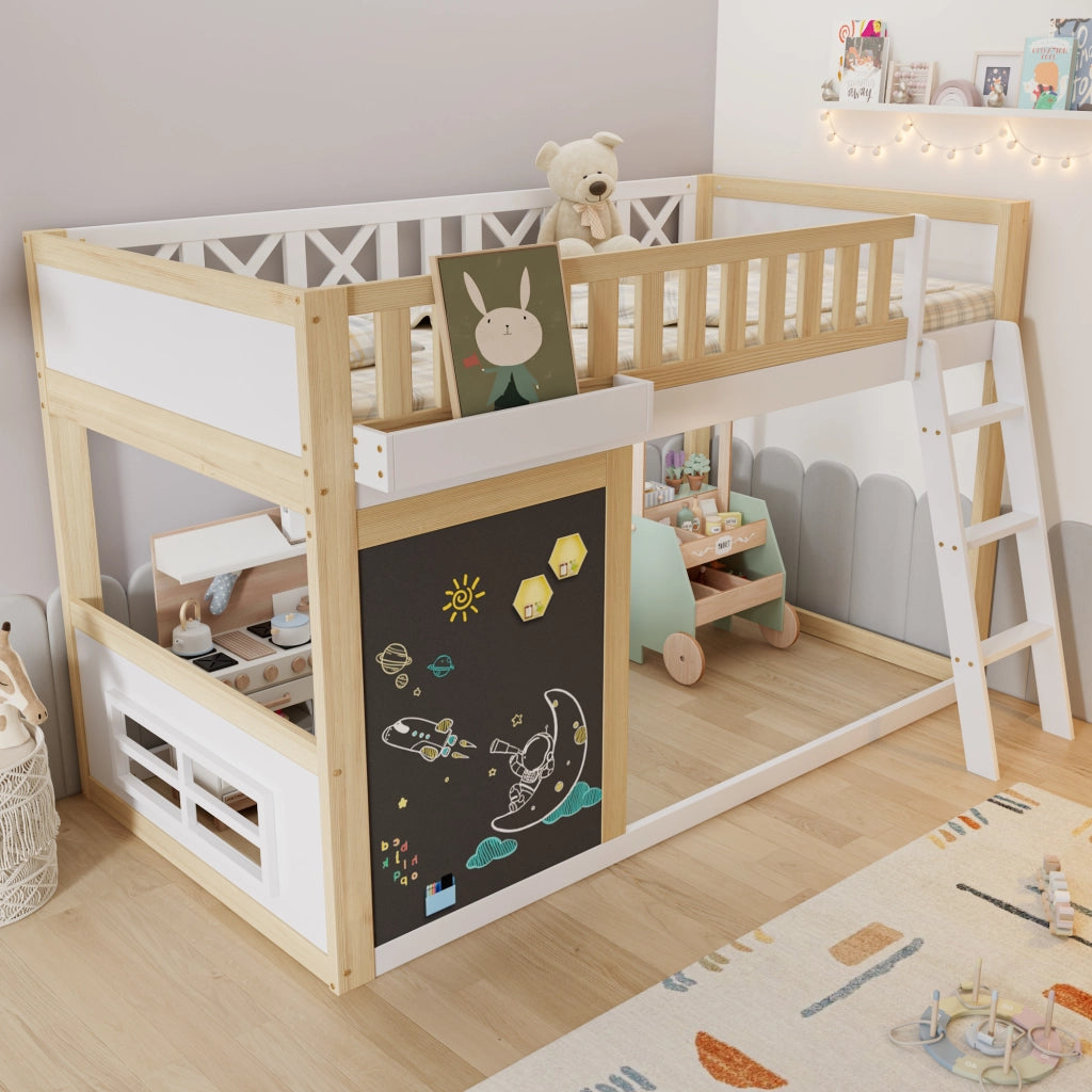 Letto a castello bianco e naturale in pino e MDF con lavagna scatola portaoggetti 90x200cm