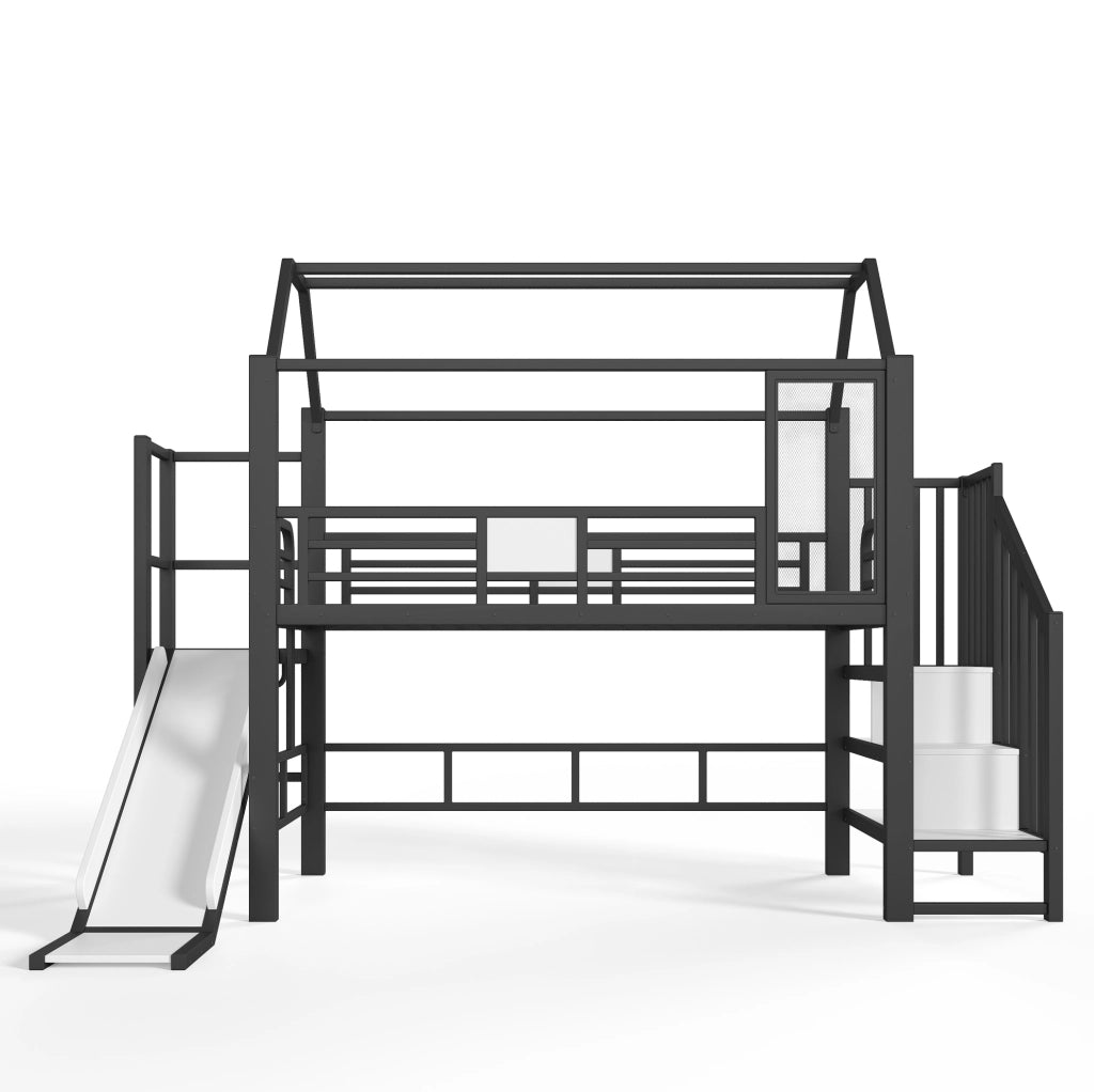Letto a soppalco per bambini 90x200 cm a casetta con scivolo e LED Bluetooth nero HAVRYA