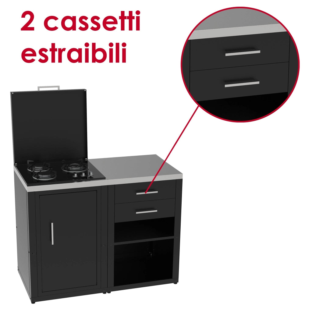Set Cucina da Esterno a Gas 2 Elementi con 2 cassetti Estraibili - Struttura in Acciaio e Piano in Acciaio Inox - Nero