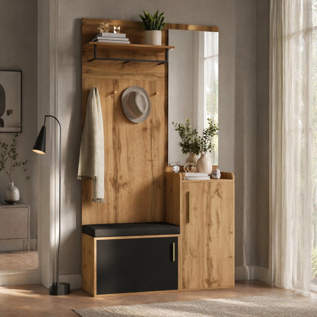 Garderoba ingresso compatta con specchio; panca e scarpiera 100x38x185 cm; nero e naturale
