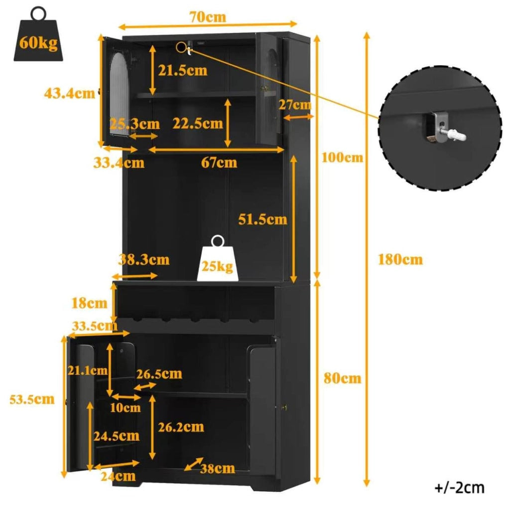 Credenza alta 70x38.3x180 cm con LED RGB; ante in vetro ondulato; ripiani regolabili; nera