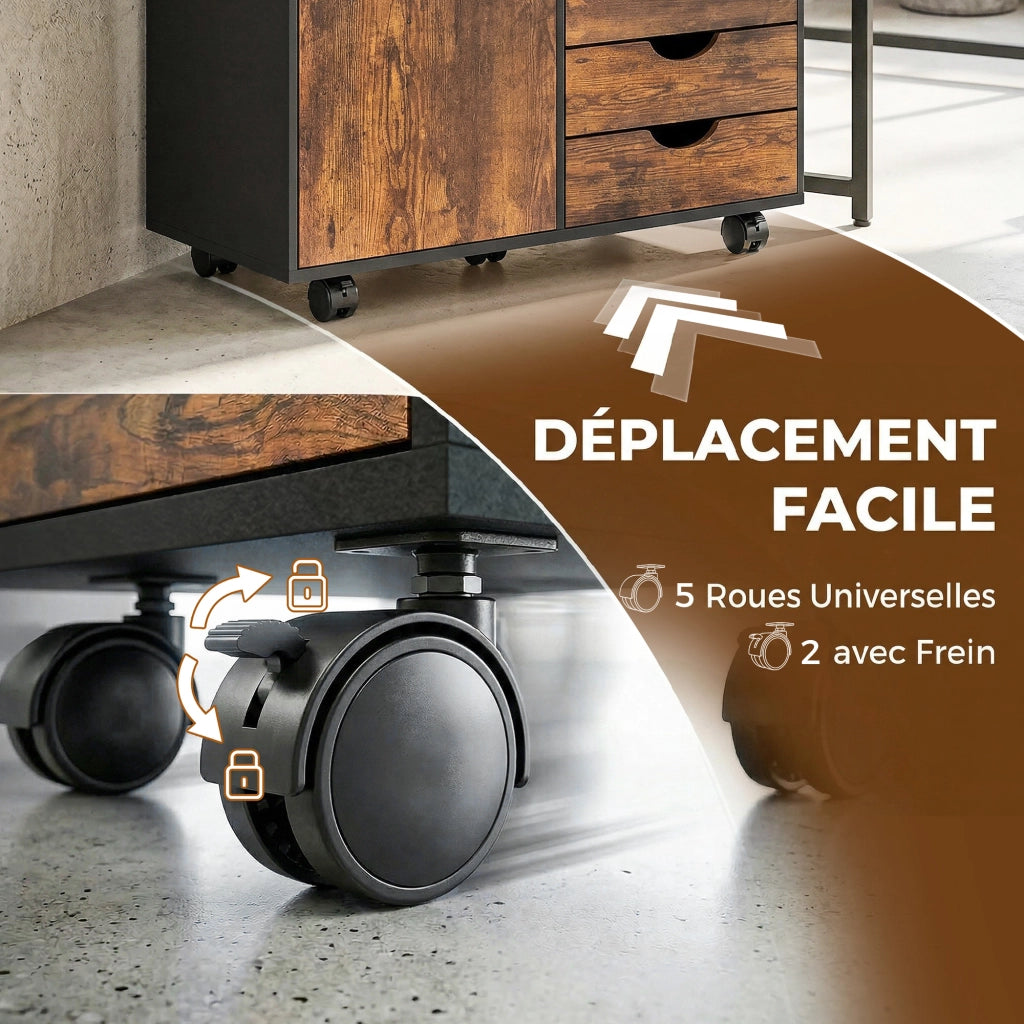 Cassettiera per ufficio con 5 cassetti, 1 porta, ripiano regolabile e rotelle ¨C Xylo ¨C Marrone 78x40x66,5 cm