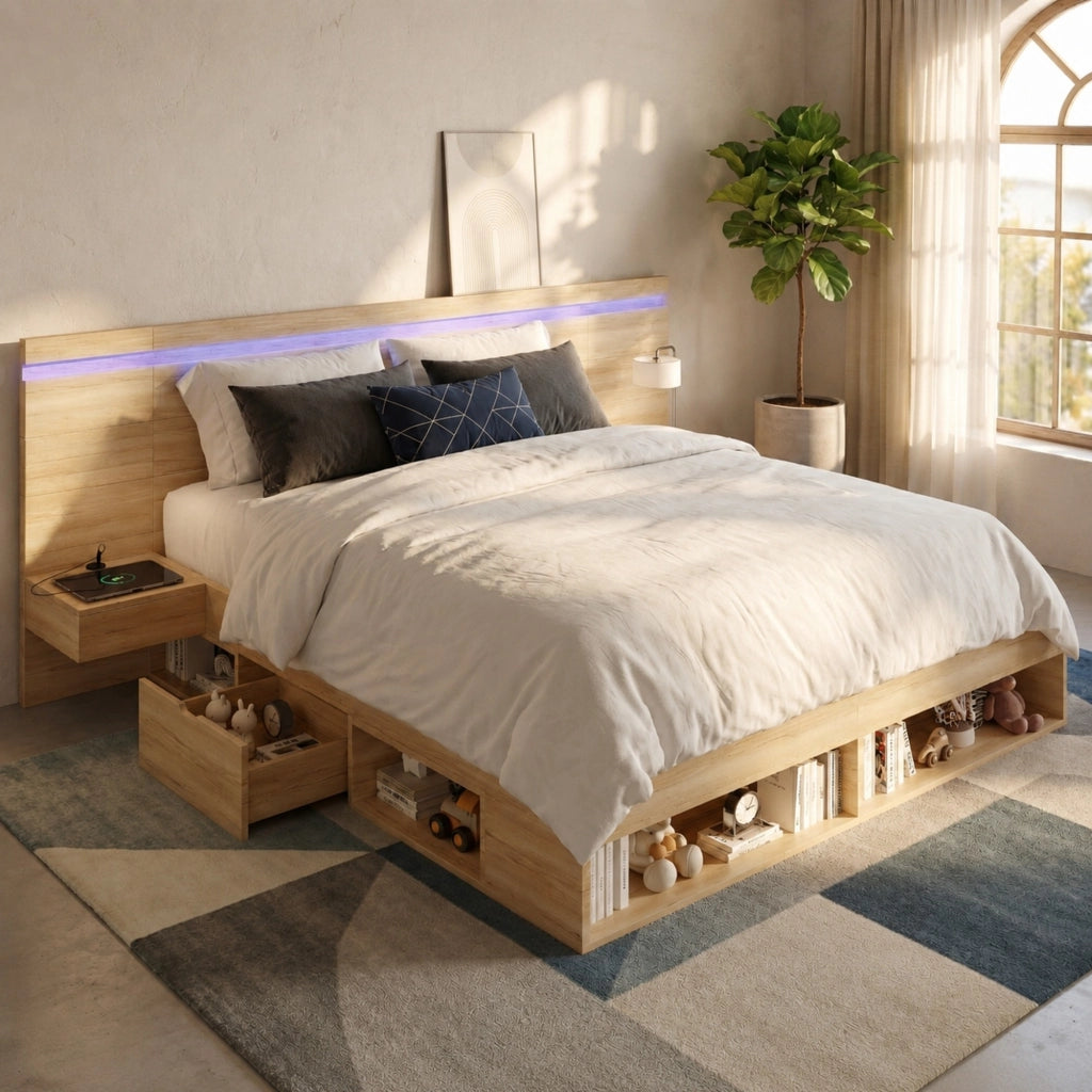 Letto matrimoniale 180x200 cm con contenitore, testiera LED, prese USB e USB-C, 2 comodini, MDF naturale