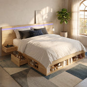 Letto matrimoniale 180x200 cm con contenitore, testiera LED, prese USB e USB-C, 2 comodini, MDF naturale
