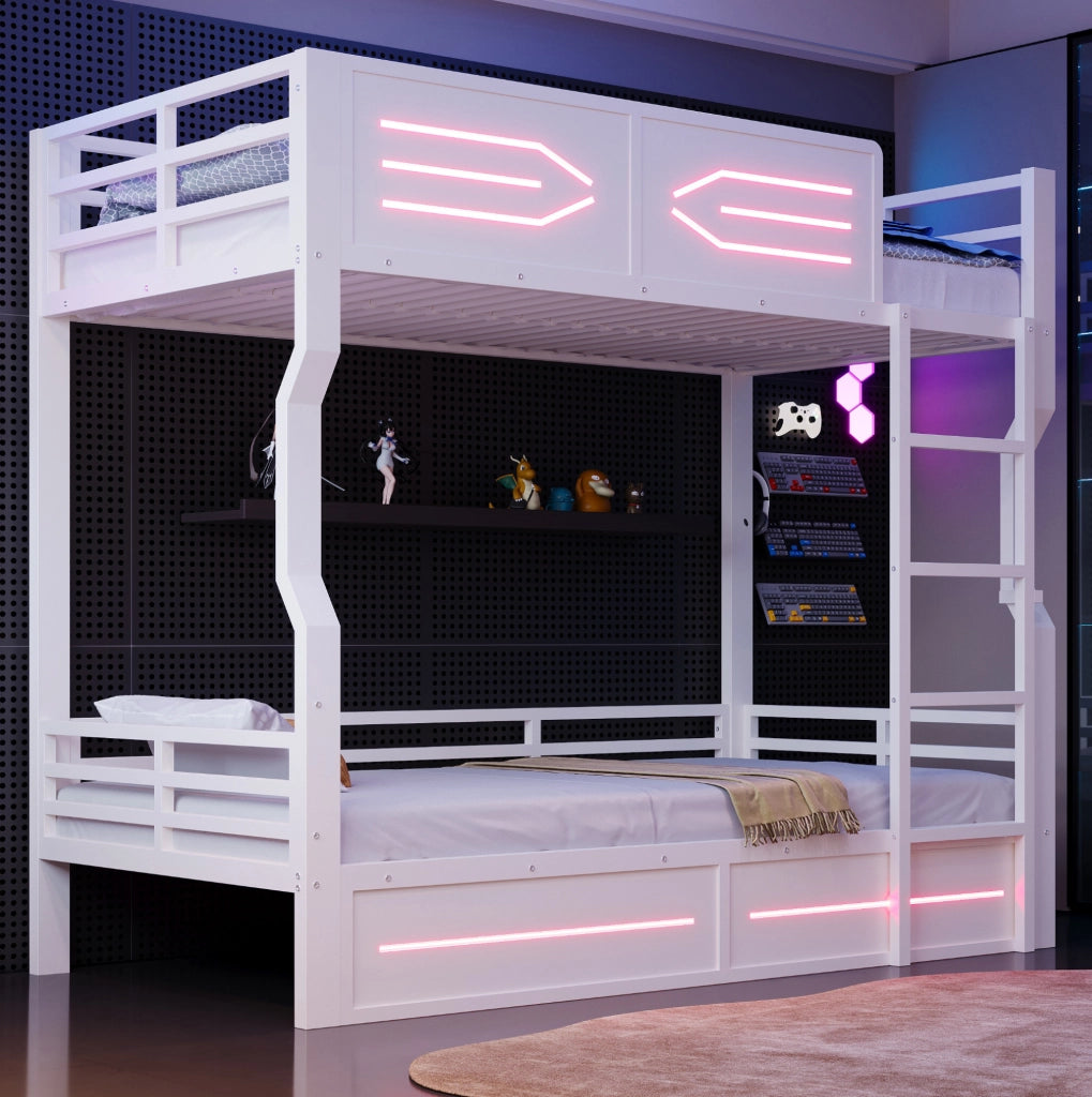 Letto a castello con scala dritta e LED 90x200 cm in MDF e metallo; bianco