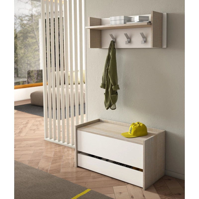 Baule contenitore con chiusura rallentata e cassetto con guide in metallo rovere e bianco 90x40x46 cm - Terraneo
