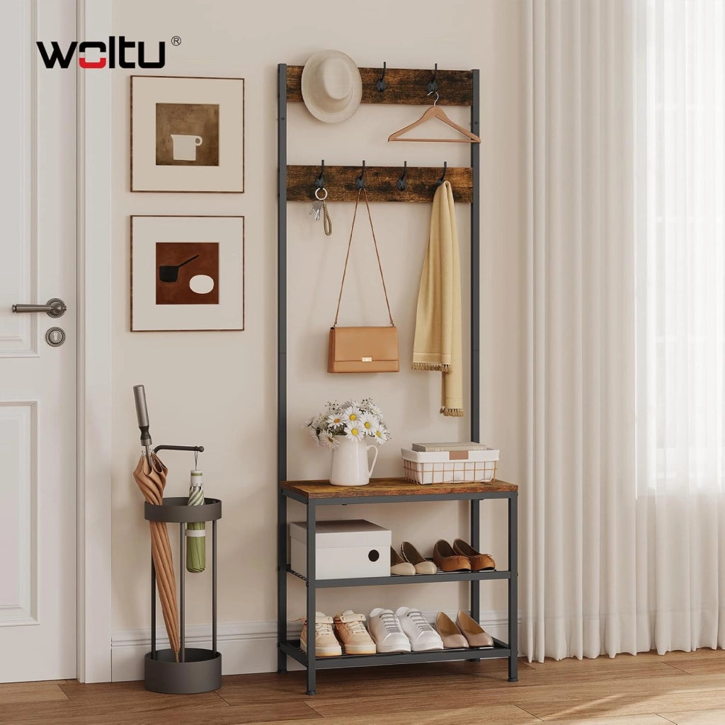 Appendiabiti Panca Porta Scarpe 3 in 1, Scaffale per Scarpe a 2 Livelli con Sedile e 7 Ganci, per Corridoio/Ingresso, Metallo + Legno Ingegnerizzato, Nero + Marrone Rustico, 60x31,5x170cm