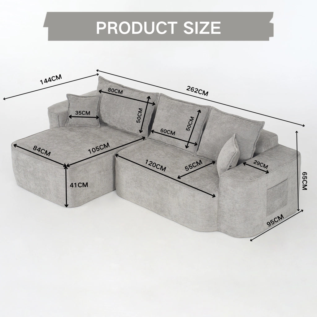 Divano Angolare Modulare 3 Posti con Chaise Longue Senza Montaggio; Seduta Profonda XXL; Ciniglia Grigio